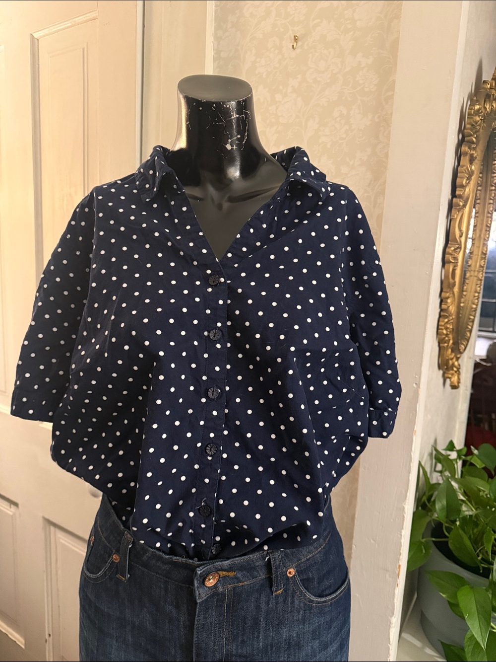Erika Cora Navy & White Polka Dot Short Sleeve Button Up 1X